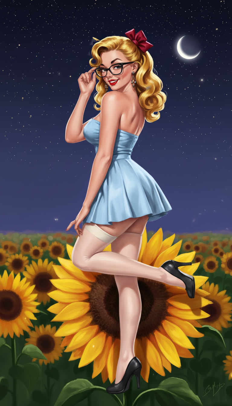 A pin-up style blonde woman in a blue dress and black glasses, smiling and posing in a sunflower field at night.