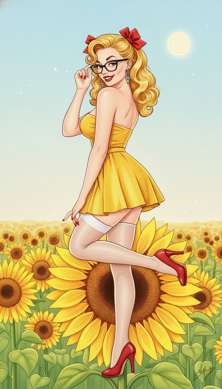 Pin-up girl with blonde hair, red bows, and glasses in a yellow dress and red heels standing in a vibrant sunflower field.