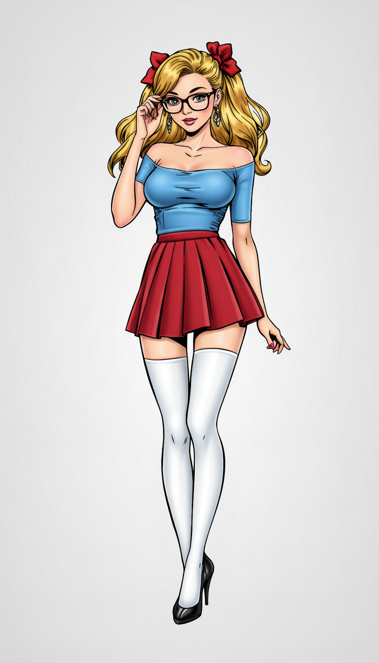 A full-body cartoon illustration of a blonde woman wearing glasses, a blue off-shoulder top, red mini-skirt, white thigh-high socks, and black heels, with red bows in her pigtails.