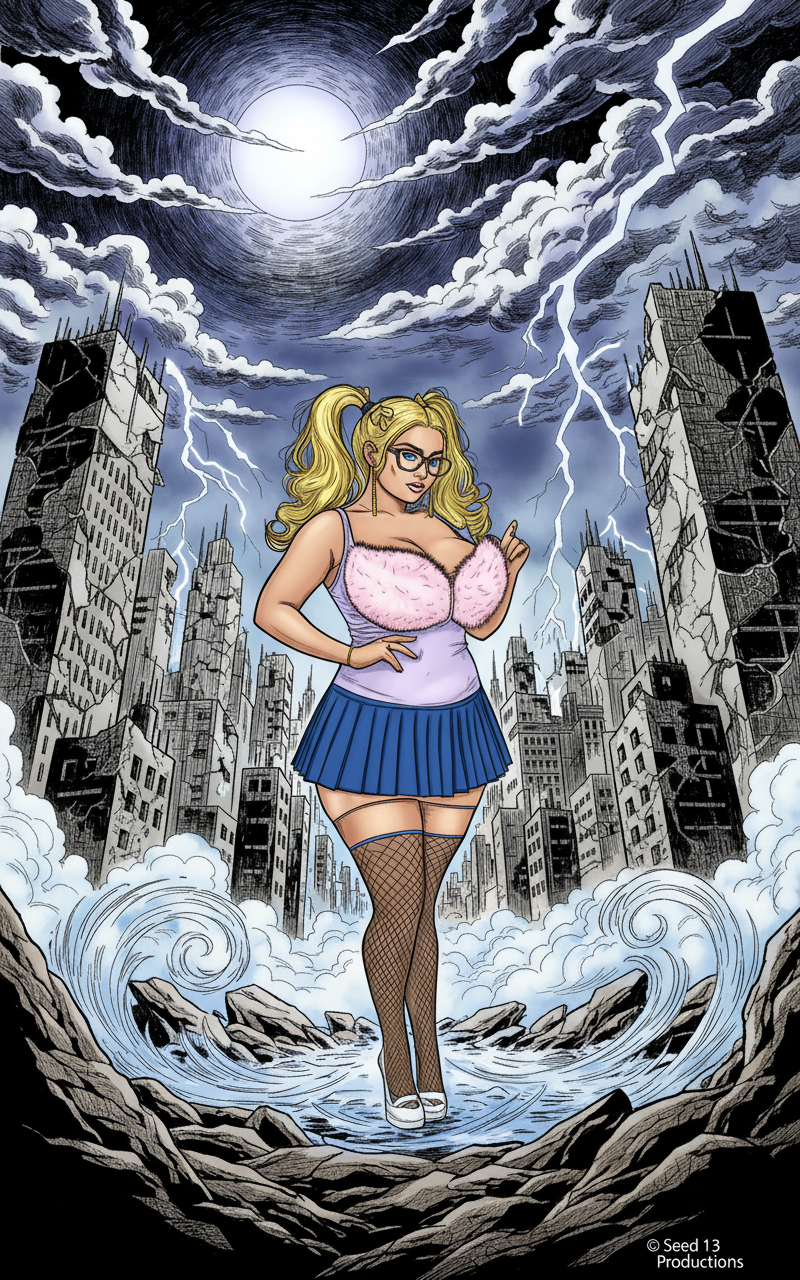 Comic art of a blonde woman in pigtails and glasses, wearing a pink furry bra and blue skirt, standing in a destroyed city under a lightning storm and full moon.