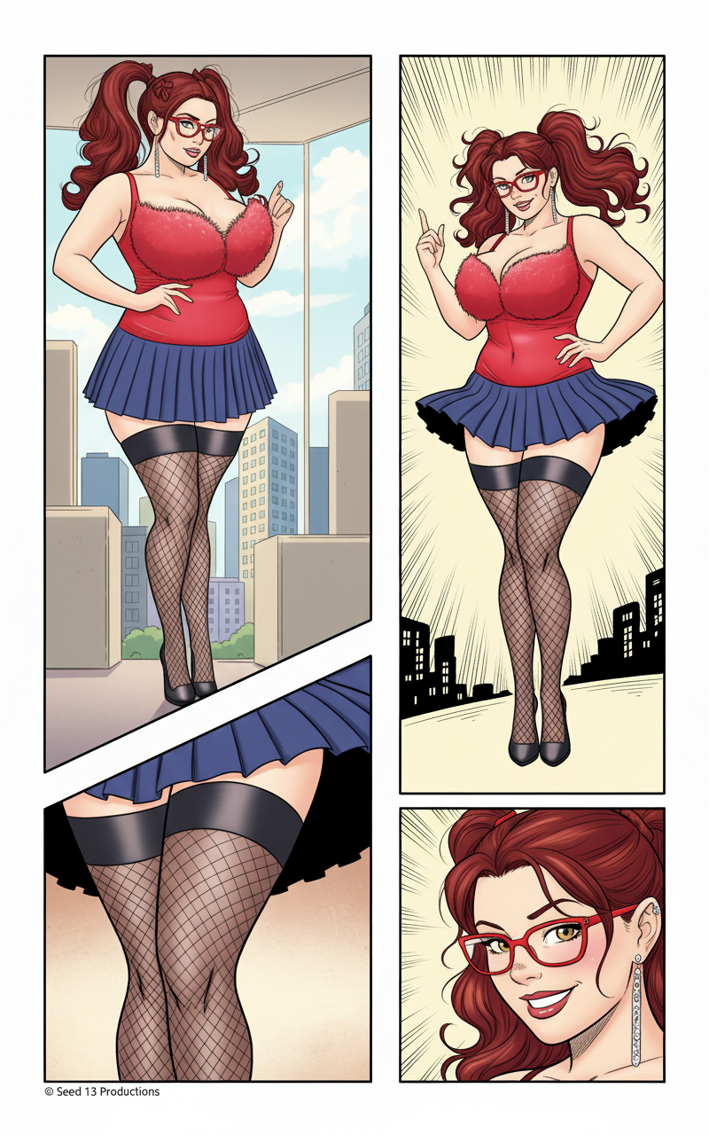 Comic illustration of a red-haired woman in red glasses, red top, blue skirt, and fishnet stockings, shown in various poses and close-ups across multiple panels.