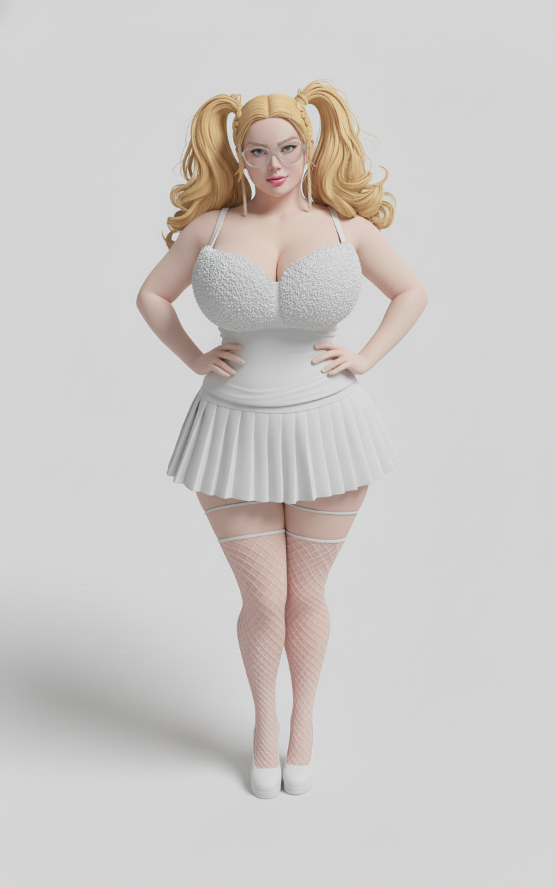 Full-body rendering of a stylized woman with blonde pigtails, glasses, white top, pleated skirt, and light pink fishnet stockings.
