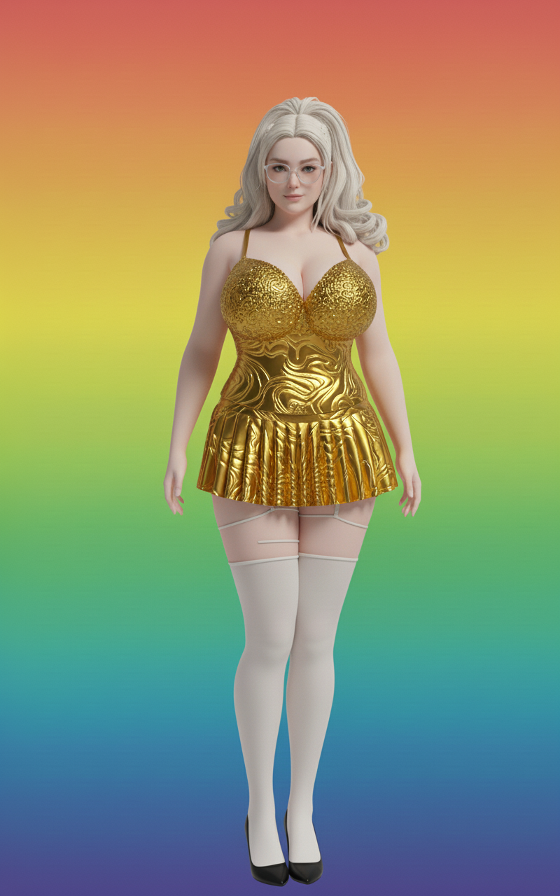 Line art illustration of a woman with pigtails, glasses, textured top, pleated skirt, fishnet stockings, and heels, striking a pose.