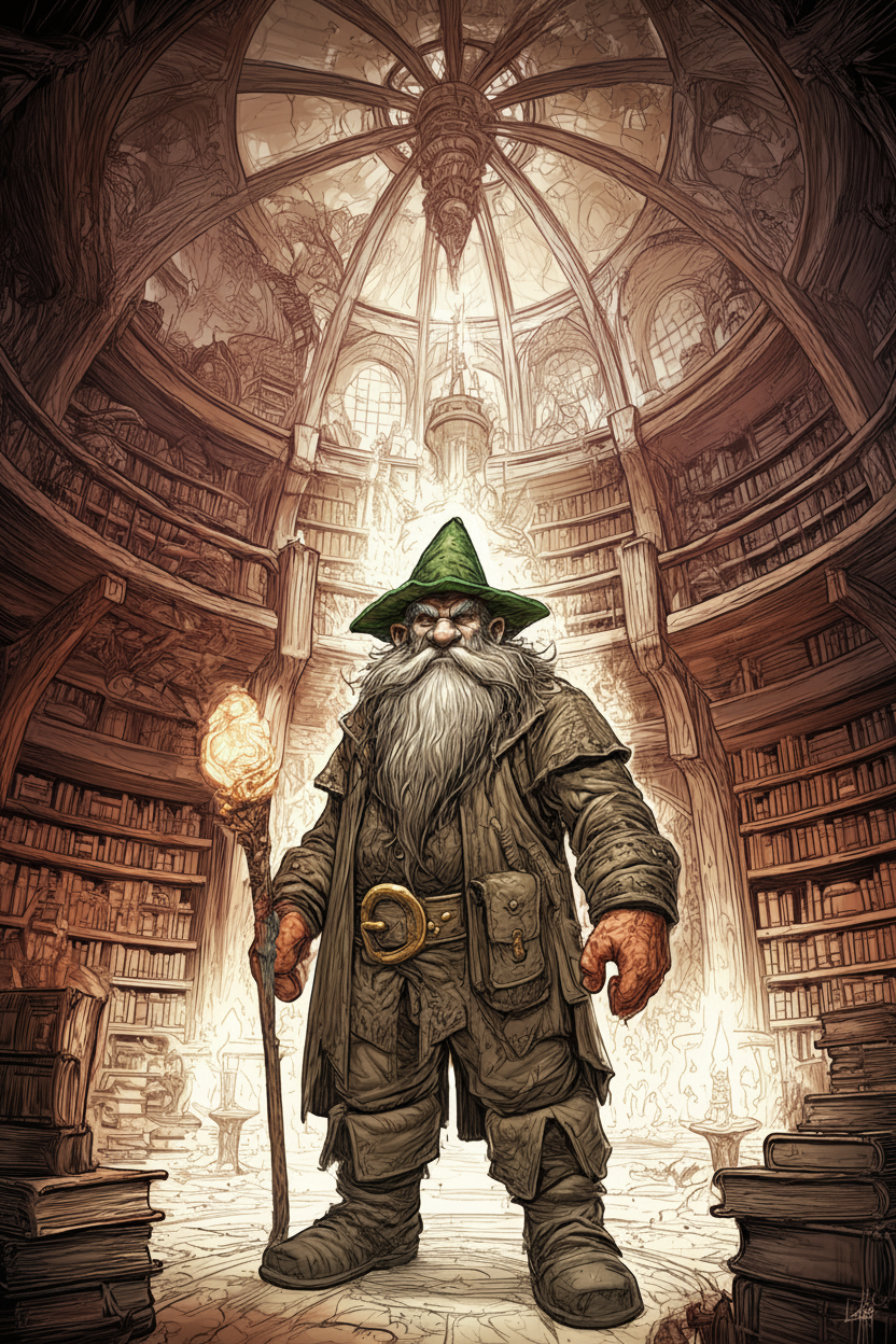 A bearded wizard wearing a green pointed hat and a dark coat holds a glowing staff, standing in a grand, circular library filled with bookshelves.