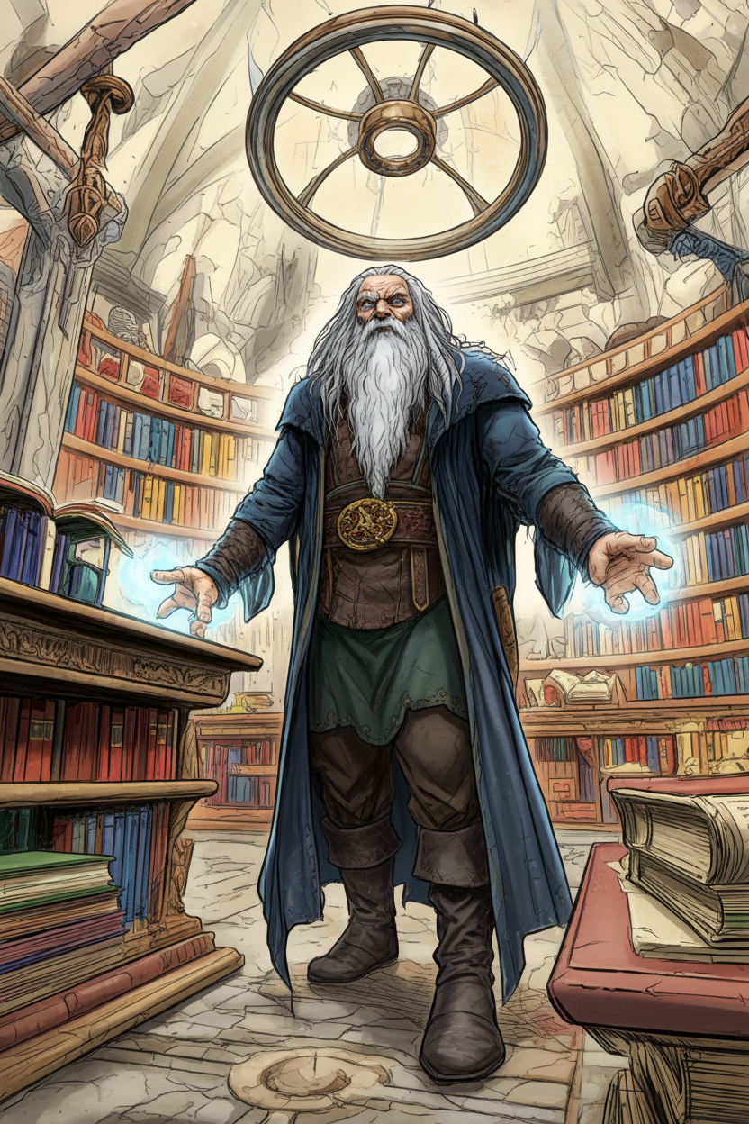 A white-bearded wizard with glowing blue hands stands in a magical library with circular bookshelves and an ornate ceiling fixture.