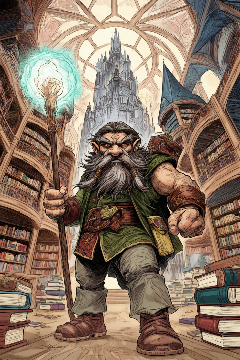 A stern dwarf wizard with a white beard and red eyes, wearing a green tunic, holds a glowing staff amidst towering bookshelves and a distant castle.