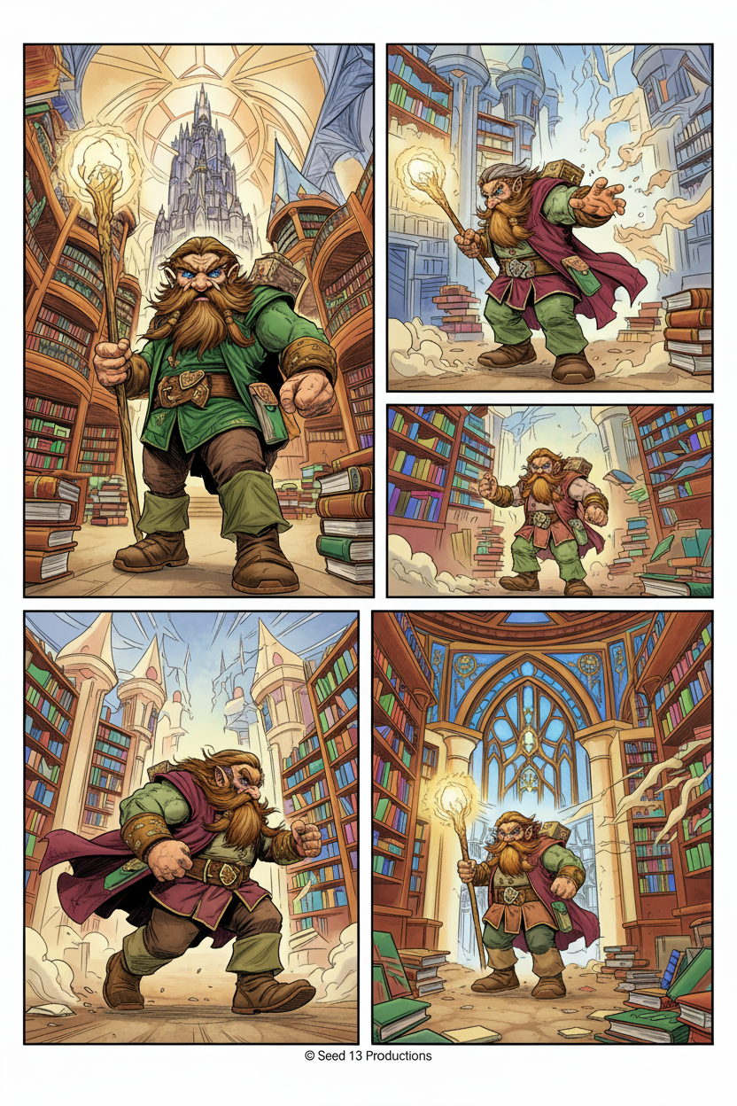A five-panel comic shows a dwarf wizard in a library, first serious, then casting spells, running, and finally standing calmly with books flying and scattered around him.