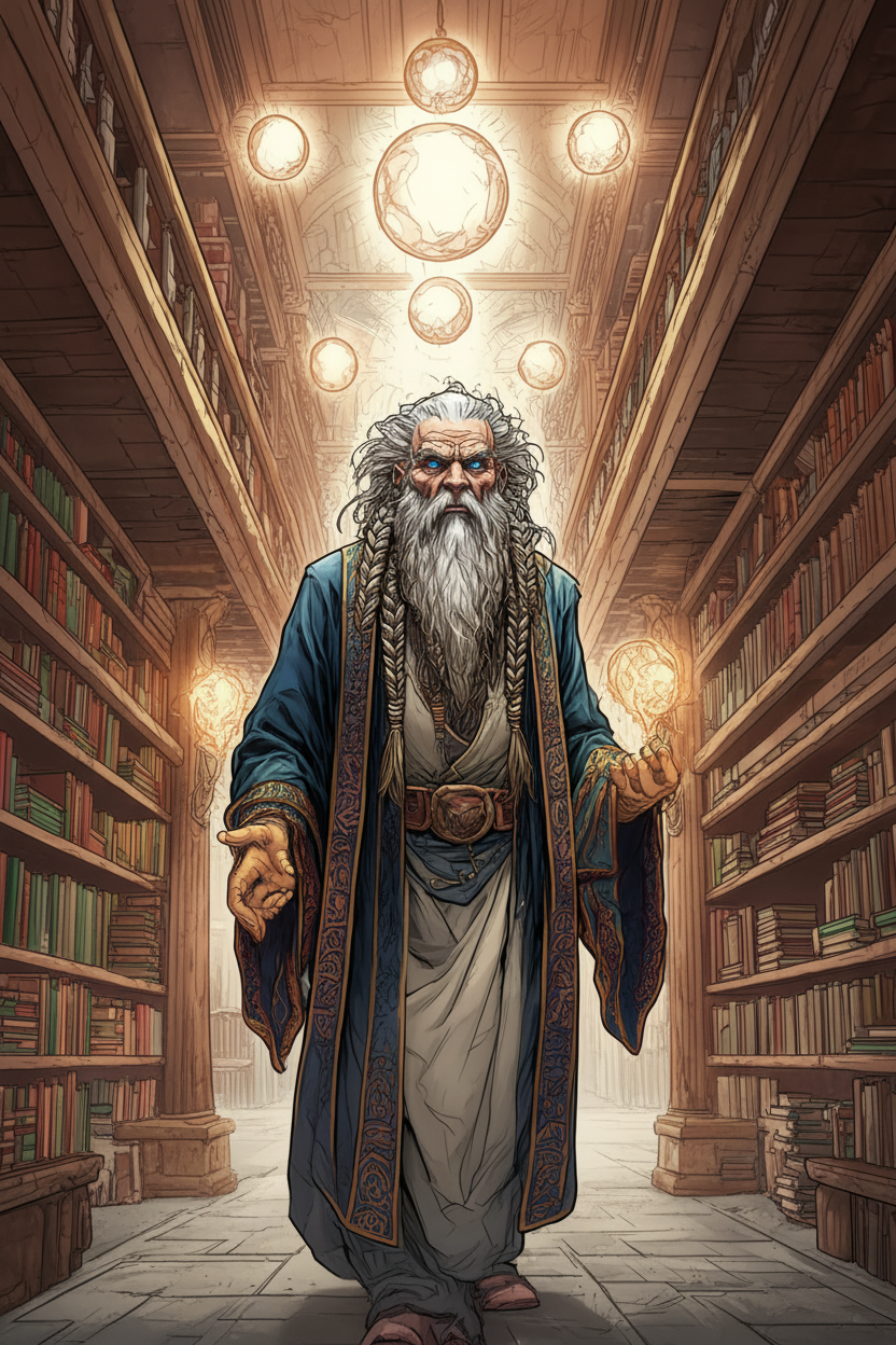 A wizard with a long white beard and blue eyes stands in a magical library, holding a glowing orb and extending his hand.