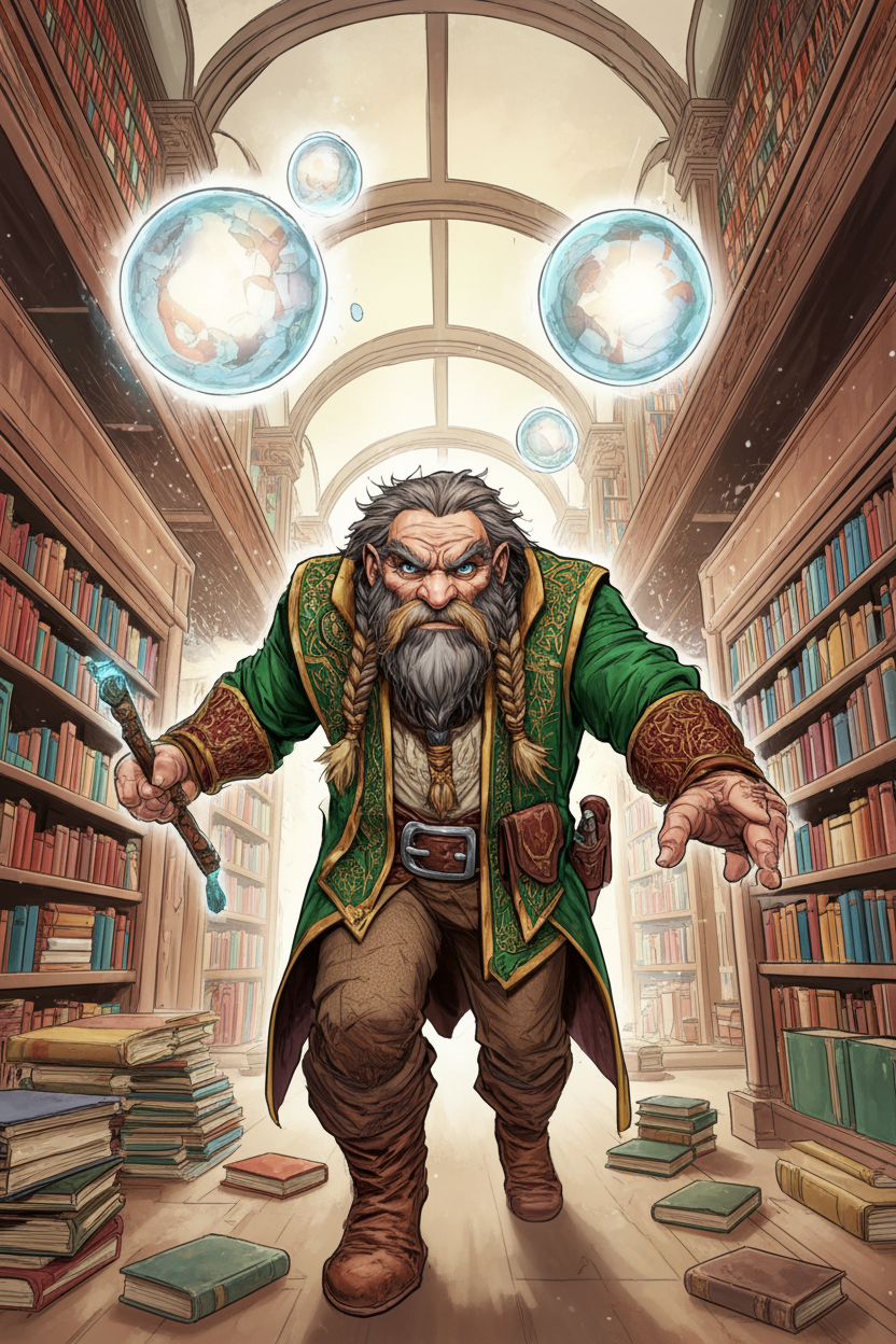 A fierce grey-bearded wizard in a green tunic holds a glowing staff in a grand library with floating magical orbs and scattered books.