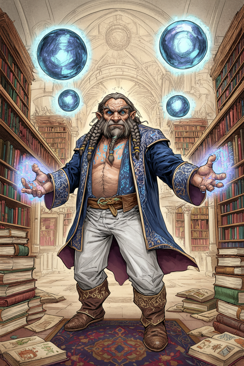 A dwarf wizard with a long braided beard, blue eyes, and chest tattoos stands in a majestic library, casting blue glowing magic from his hands and surrounded by floating blue orbs.