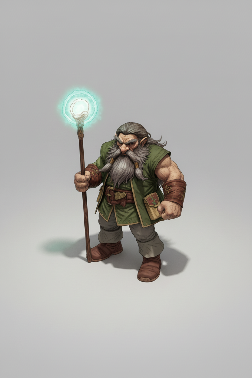 Black and white line art of a powerful, long-bearded dwarf or mage in an ornate robe, standing in a grand library with floating orbs.