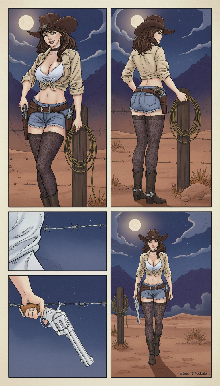 Black and white line art of an anime-style cowgirl with a hat, holding two pistols, standing in a forest.